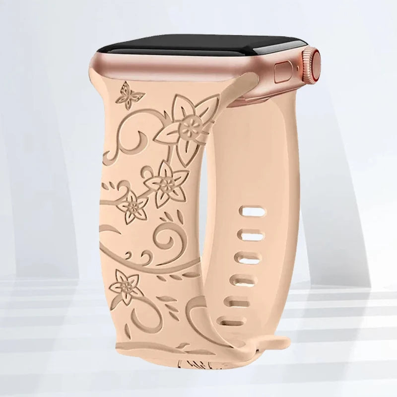 Floral Engraved Silicone Strap | Elegant Replacement Band for Apple Watch