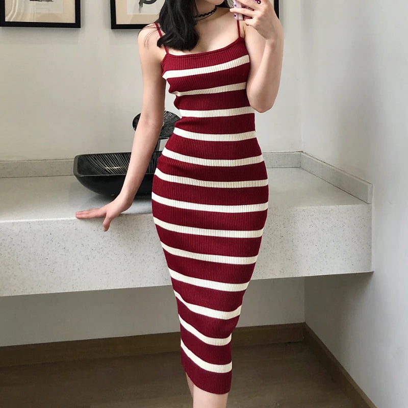 Summer Sexy Knitting Sleeveless Dress | Vintage Striped Bodycon Midi