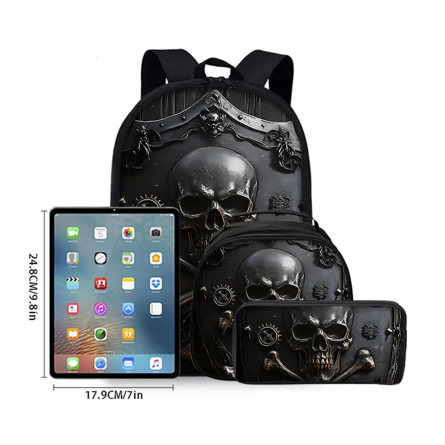Skull Three Piece Set Backpacks for Boy and Girls Best Gifts 2D Flat Cartoon School Backpack for Children