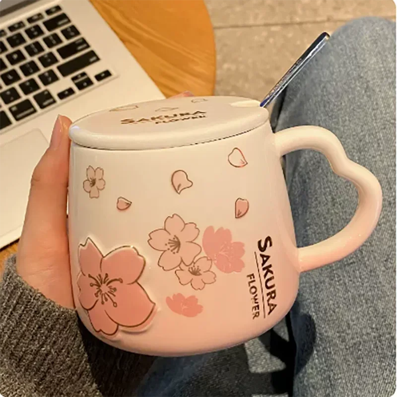 New High Beauty Mug with Lid Spoon Sakura Powder Household Lovely Breakfast Lovers Milk Coffee Mug Ceramic Mug