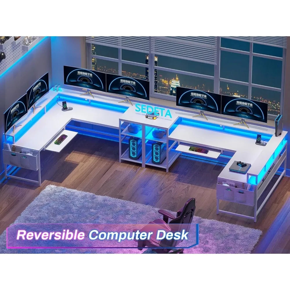 L Shaped Computer Desk with Power Outlets & LED Strip | Modern Workstation