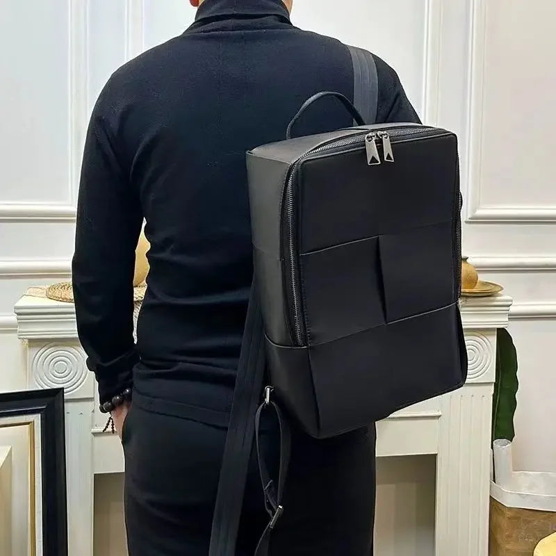 Genuine Leather Men Woven Backpacks Real Natural Leather Student Backpack Boy Luxury Weave Computer Laptop Bag