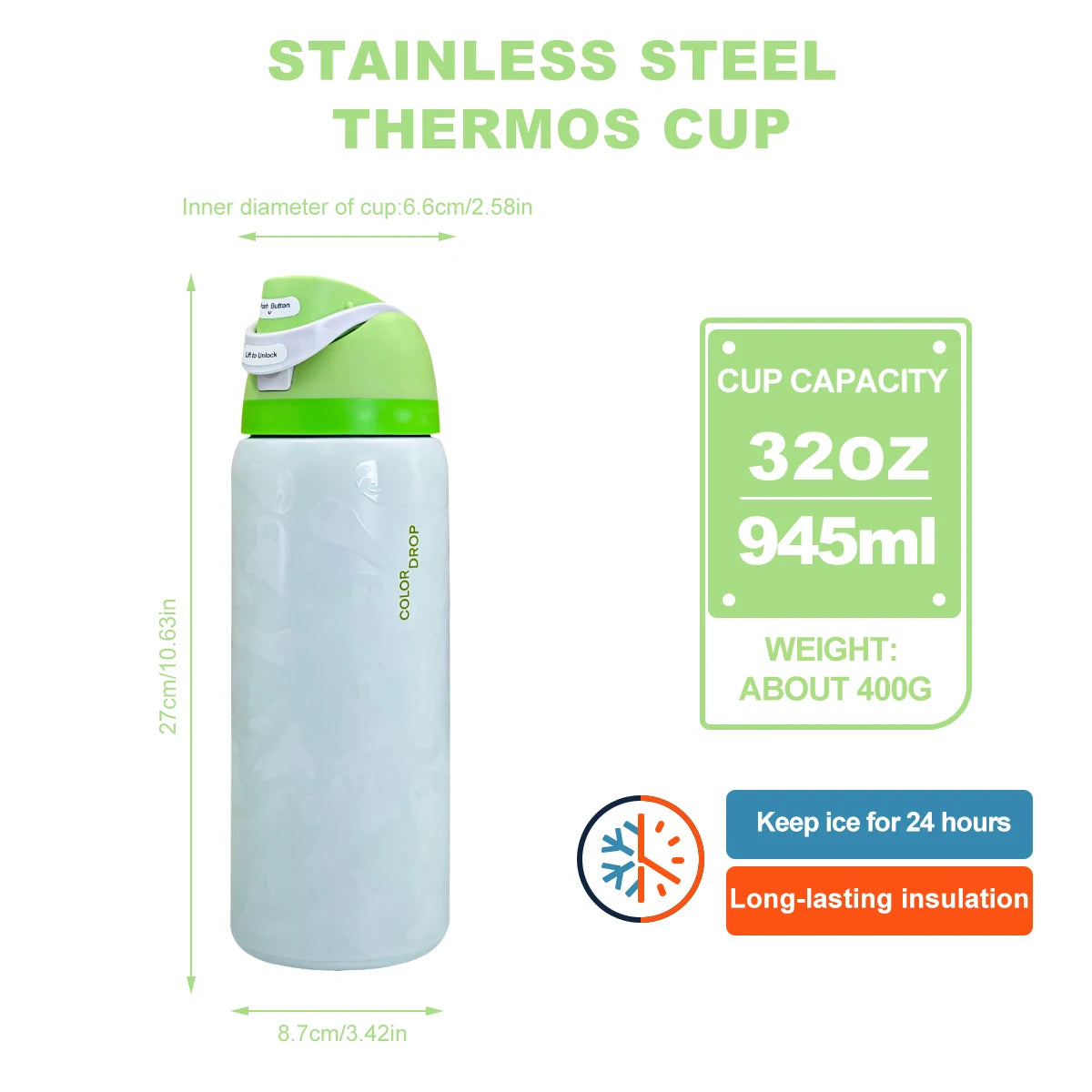 Stainless Steel Insulated Water Bottle with Straw | 32oz Capacity