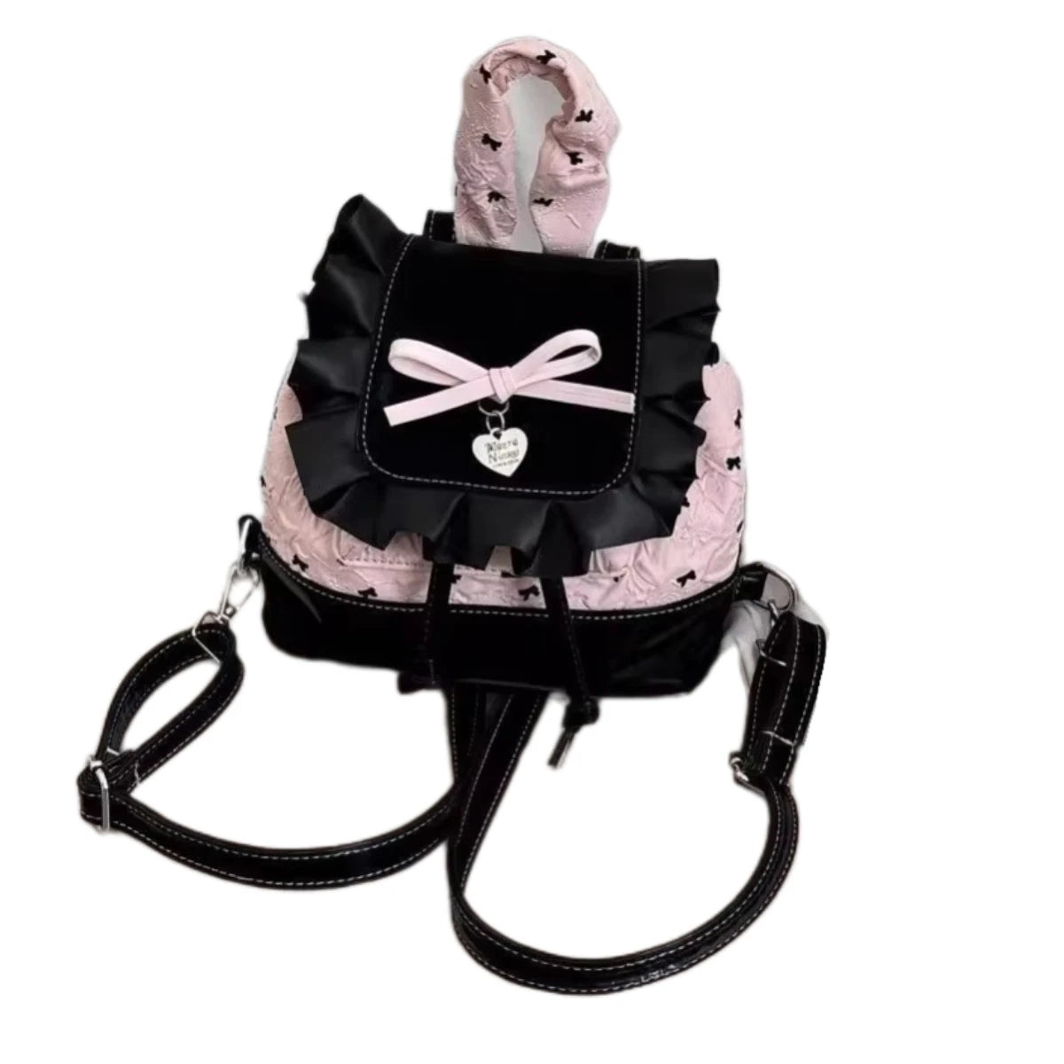 Stylish Black Pink Bow Ruffled Backpack for Women & Girls