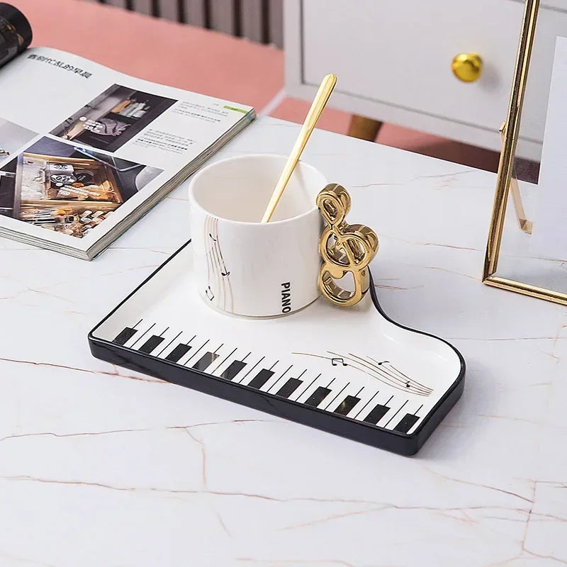 200ml Creative Piano Coffee Mugs Set with Plate & Spoon