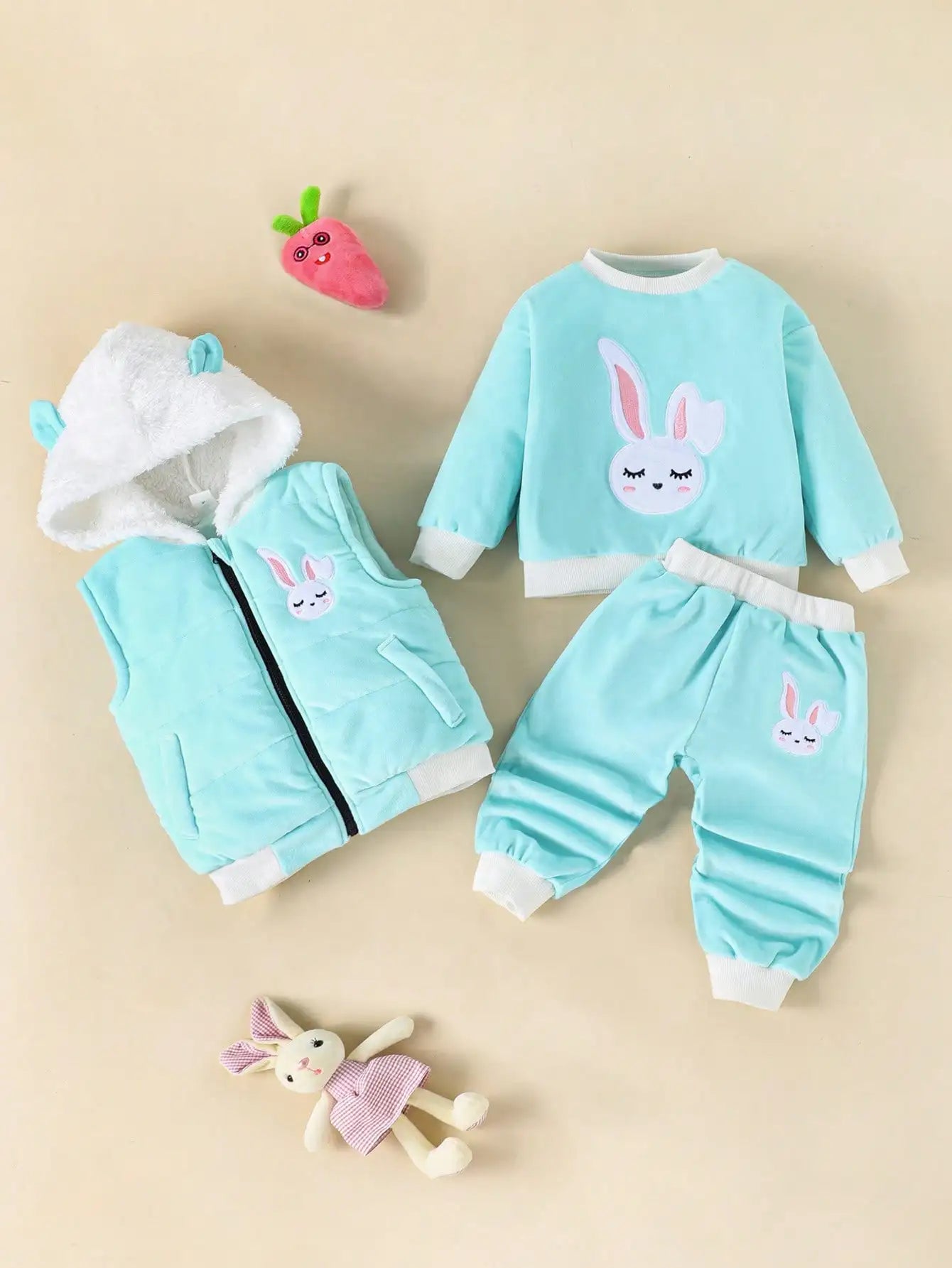 Bonito traje cálido bordado de conejo para bebé niña | Conjunto de 3 piezas