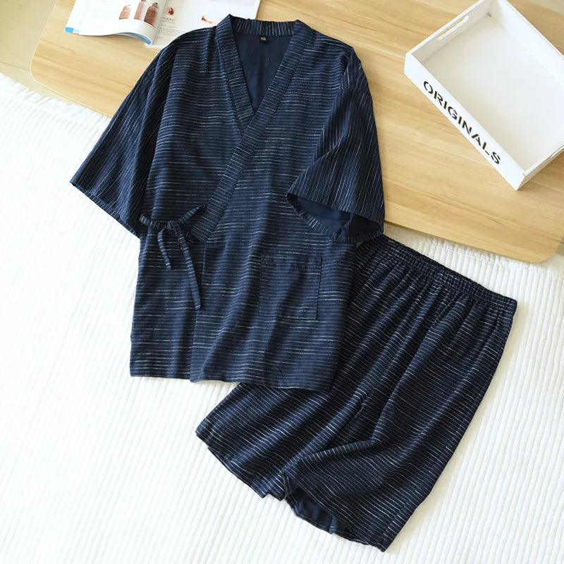 New Japanese Kimono Short-sleeved Shorts Suit Men's Pajamas Two-piece Summer Cotton Yukata Plus Size Bathrobe Sleepwear For Men