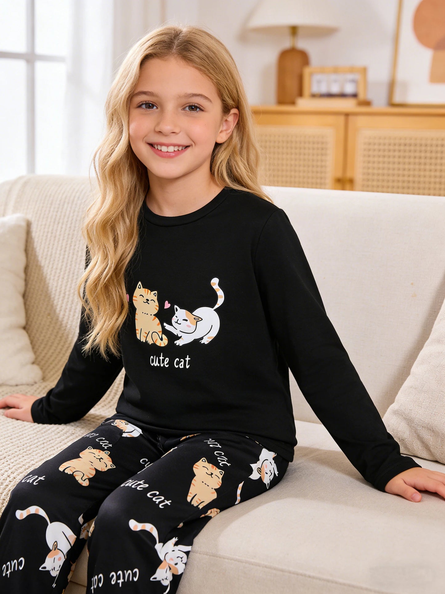 Cute Cat Long-Sleeved Girls' Pajama Set for Home Wear