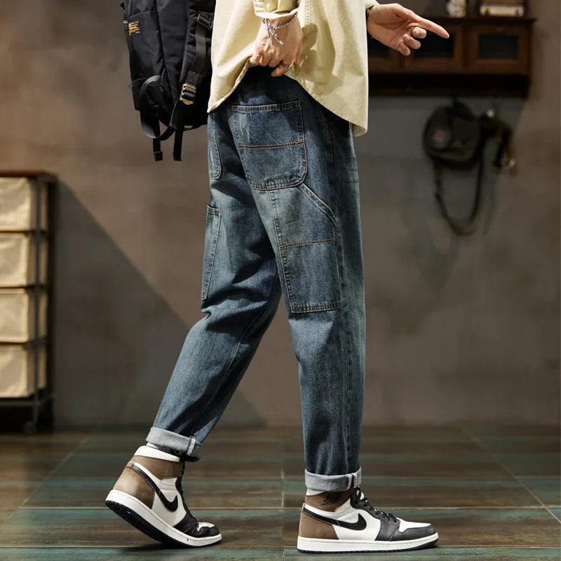 Retro American Style Men's Jeans | Loose Straight-Leg Denim Pants