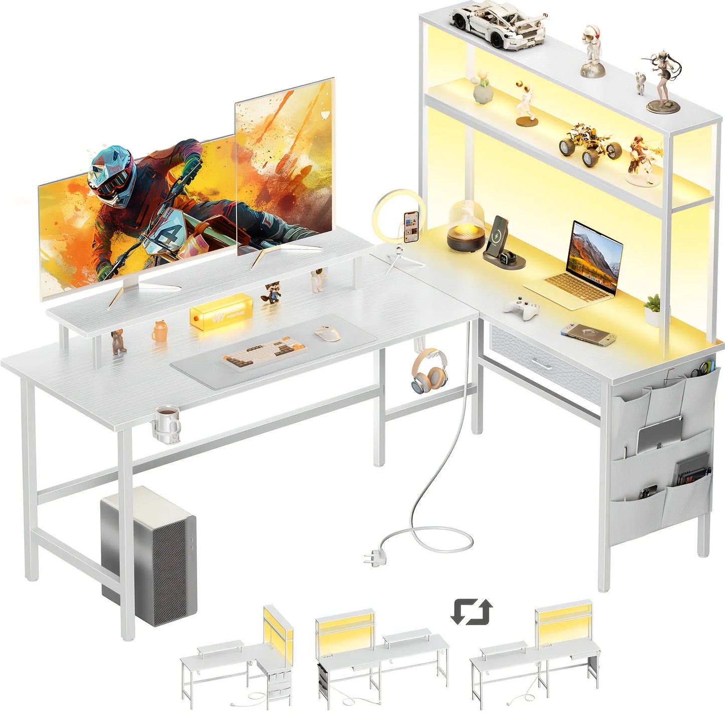 Versatile L Shaped Reversible Computer Desk with LED Lights