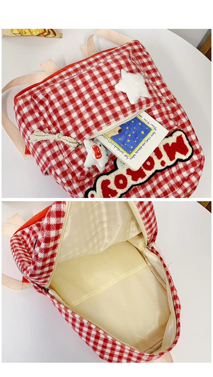 Stylish Girls Red Plaid Backpack | Large Capacity School Bag