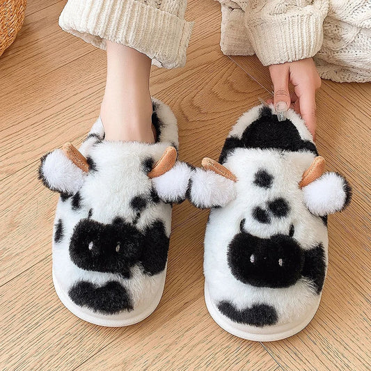 Women's Cute Cartoon Cow Plush Slippers | Warm Indoor House Shoes