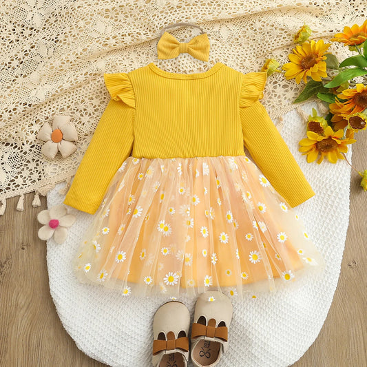 Vestido de tul amarillo margaritas para niña con diadema | Precioso conjunto para bebé