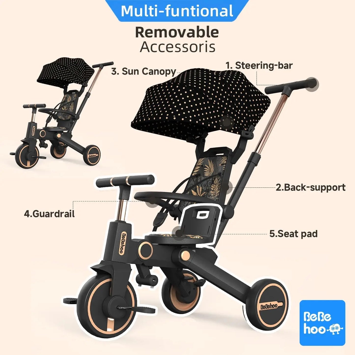Foldable Tricycle Stroller for Toddlers | 3-in-1 Push Bike