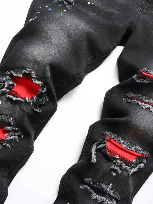 Vaqueros ajustados elásticos de mezclilla para hombre | Pantalones casuales rasgados