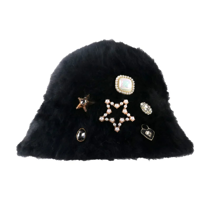 Oversized Rhinestone Rabbit Fur Bucket Hat | Stylish Warm Winter Cap