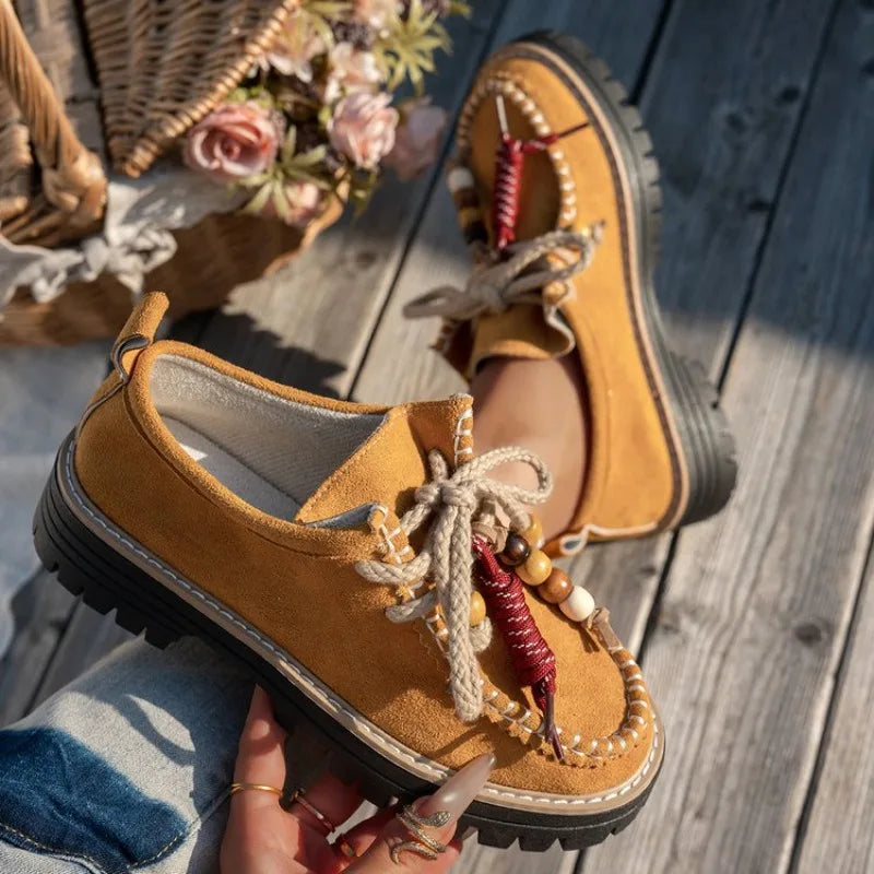 Women's Lace-Up Retro Bead Sneakers | Stylish Flat Shoes