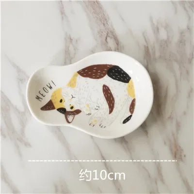 Ceramic Dessert Sauce Dish Japanese Style Tableware Creative Cute Cartoon Lucky Cat Pattern Water Drop Shape Fruit Sushi Plates