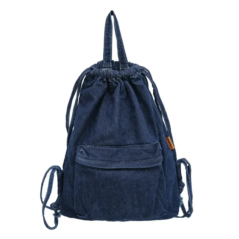 Mochila Washed Drawstring Canvas Bag for Women's Retro Fashion Travel Backpack Unisex Solid Color Denim Backpack