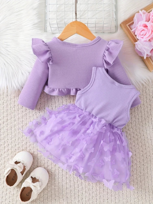 Adorable Conjunto de Vestido y Rebeca de Mariposas Moradas para Bebé Niña