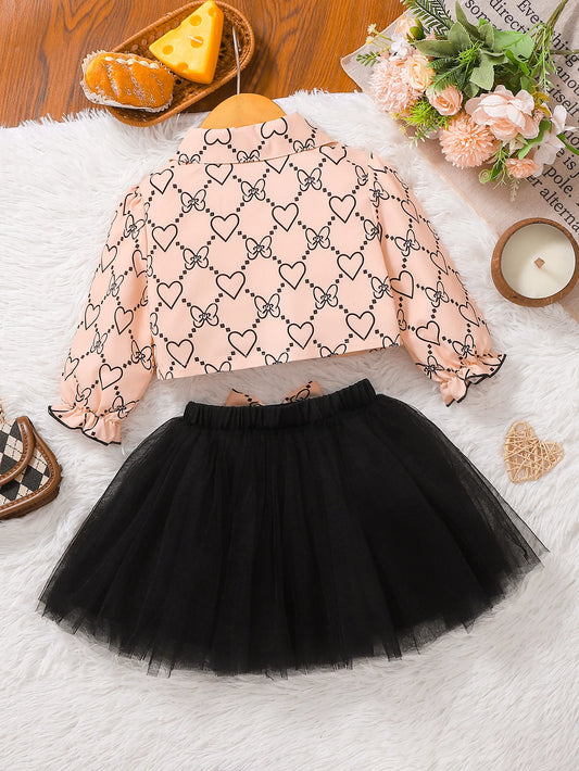 Adorable Baby Girl Heart Print Top and Tulle Skirt Set
