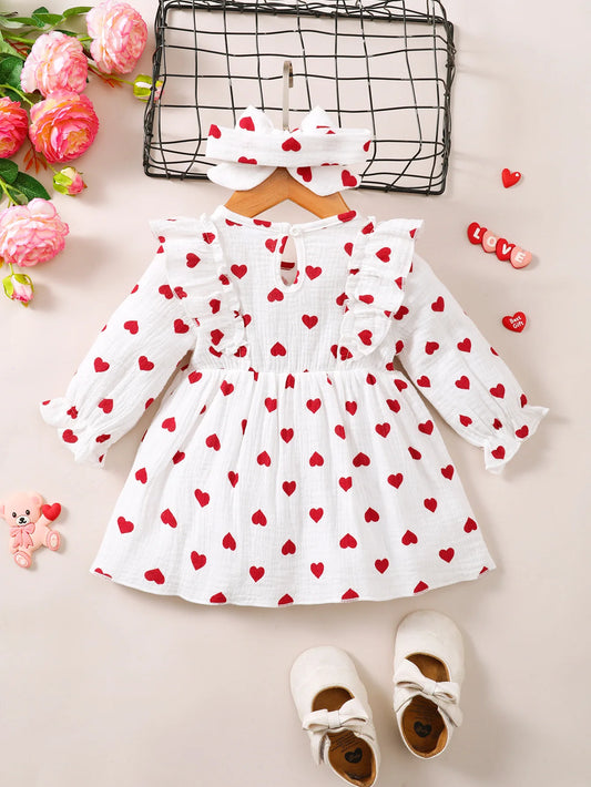 Conjunto de vestido y camiseta de manga larga con estampado de corazón para niñas | Atuendo elegante para primavera y otoño
