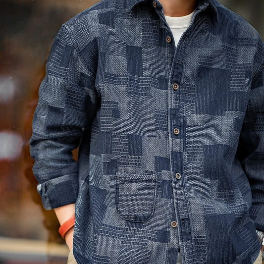 Camisa vaquera patchwork retro para hombre | Elegante camiseta de manga larga