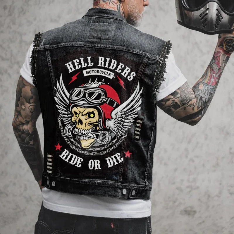 Men's Retro Denim Motorcycle Vest | Stylish Sleeveless Jacket