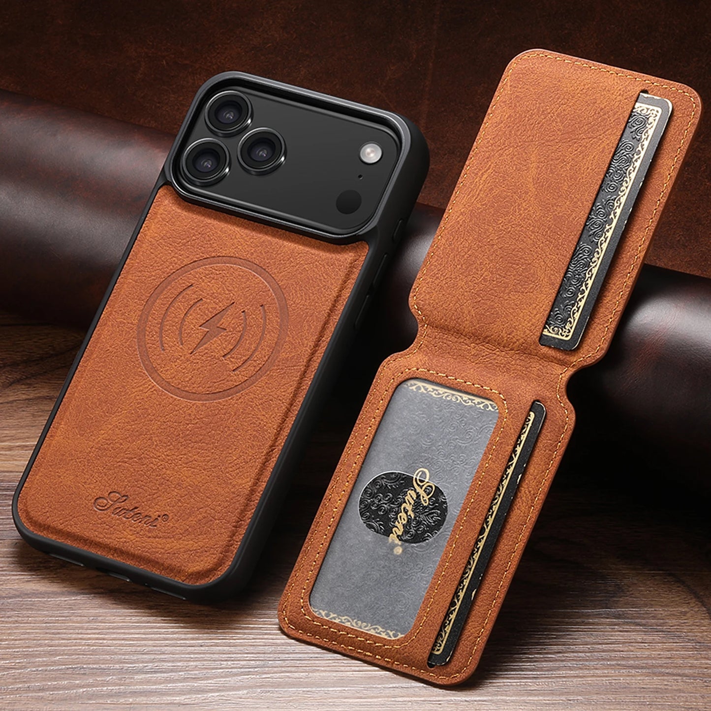 SUTENI Wireless Charging Phone Case Magnet Card Holder Stand Faux Leather For iPhone 17 Pro Max 16 Plus 15 14 13 12