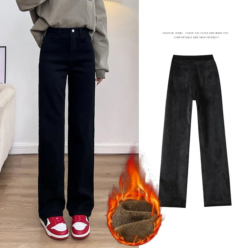 Women's Thickened Velvet Straight Jeans | Warm Fleece Pants