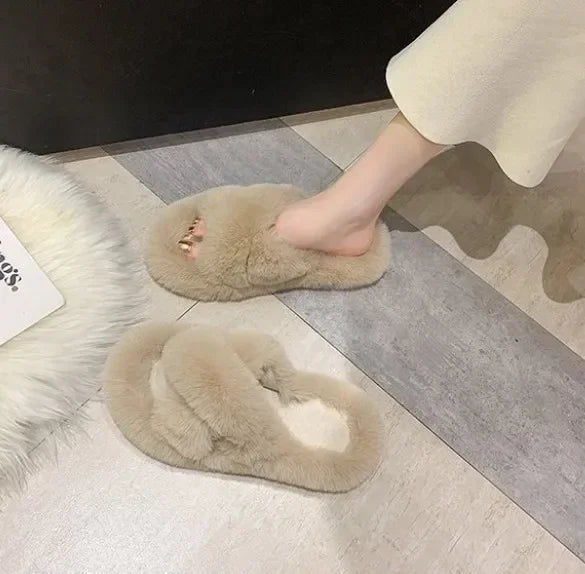 Cozy Double Fur Cross-Strap Plush Slippers | Warm Indoor Footwear