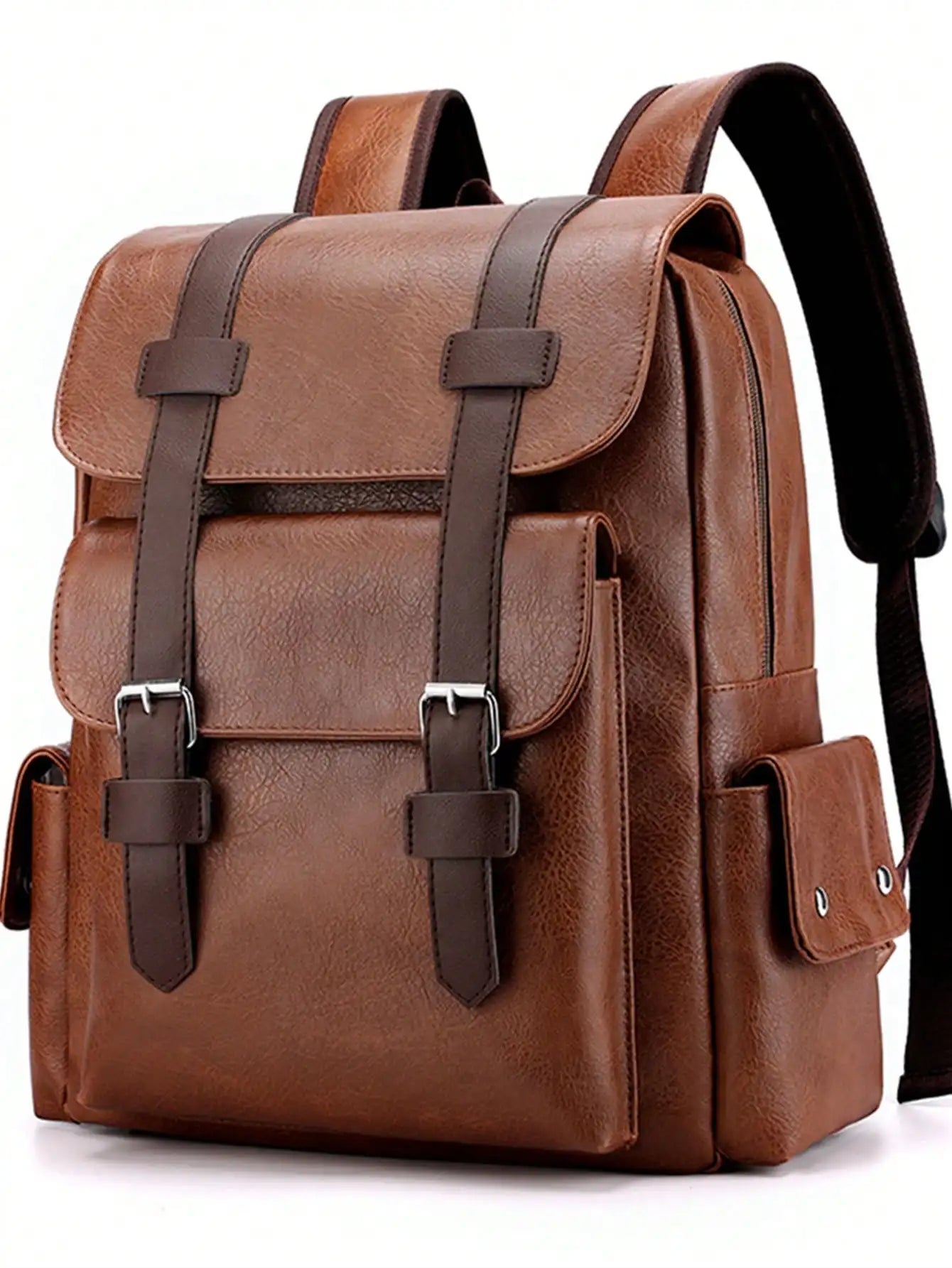 Vintage Style Men's PU Leather Backpack, Waterproof and Durable with Large Capacity for 14.7-inch Laptop, Ideal for Traveling