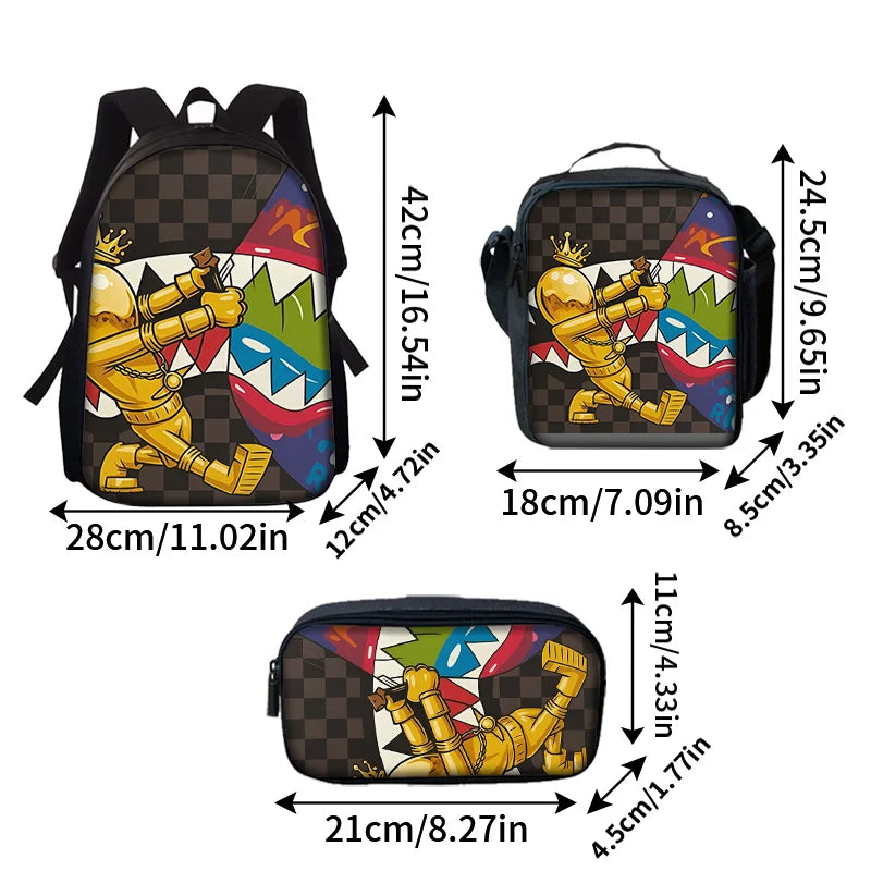 3pcs Crocodile Mouth Print Backpack Set | Lightweight Travel Bags