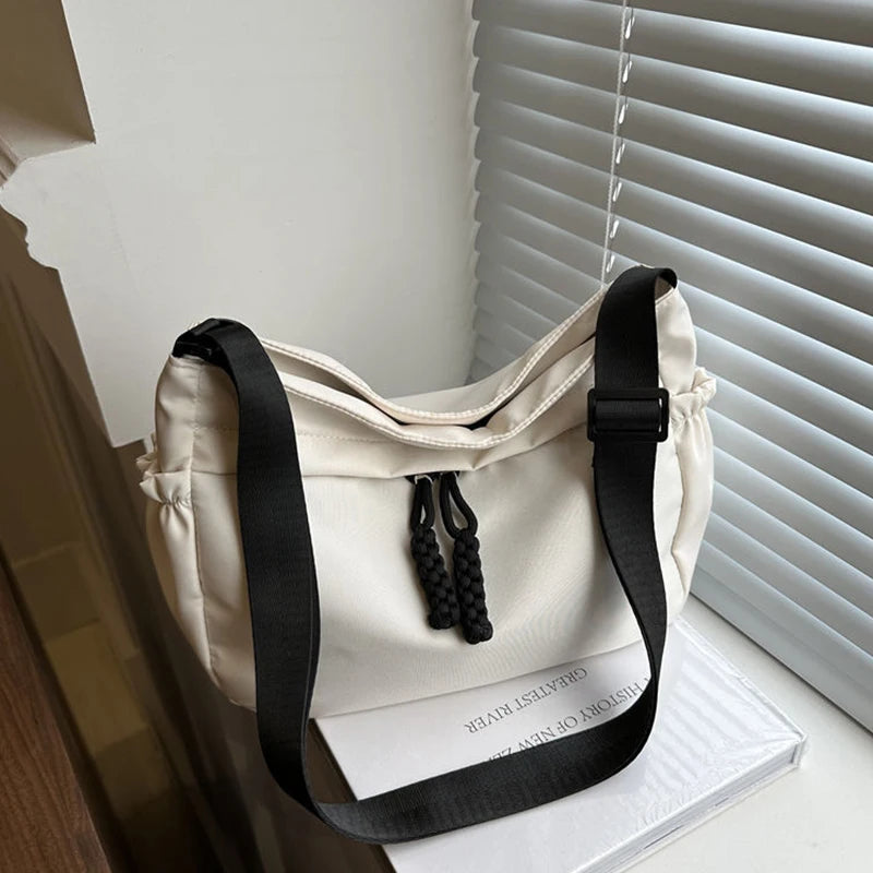 Casual Women's Nylon Crossbody Bag, Large Capacity Hobo Shoulder Purse with Adjustable Strap, Black/White/Khaki for Daily Use