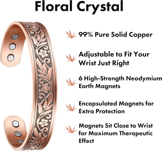 Vintage Floral Pure Copper Cuff Bracelet | Magnetic Therapy Bangle