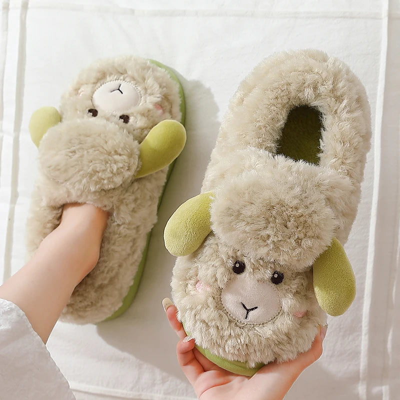 Women’s Cartoon Sheep Plush Slippers — Cute Fluffy Fur Slides, Warm Anti-Slip Indoor Bedroom Shoes with Thick Sole for Winter