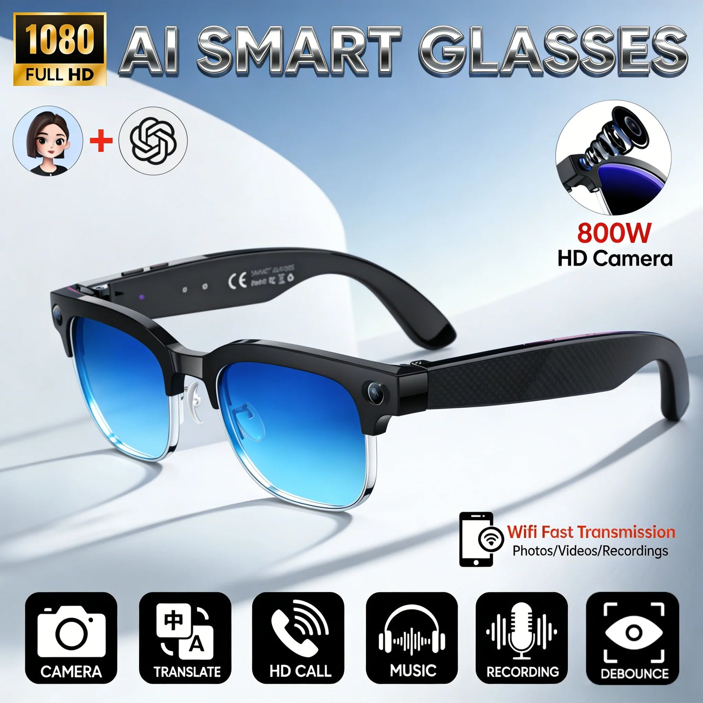 AI Smart Glasses with 800W Camera & Multilingual Translation