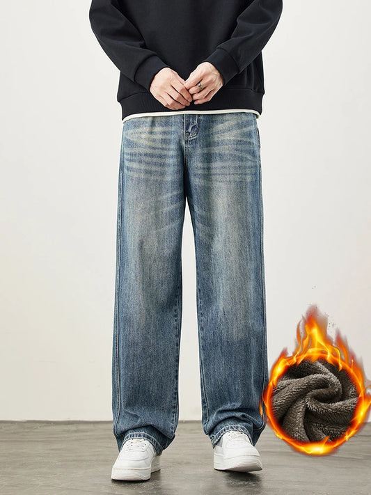 Pantalones anchos de felpa para invierno | Vaqueros rectos sueltos y gruesos