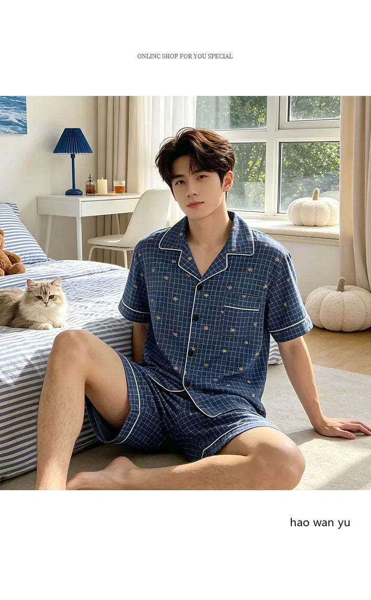 Men's Plaid Short Sleeve Pajamas | Comfortable Sleepwear Set