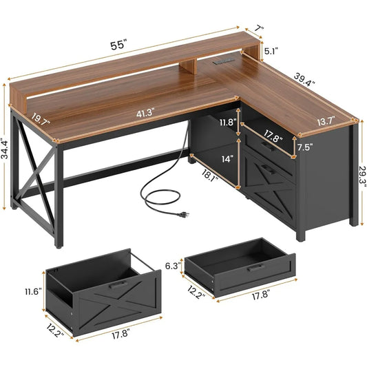 Mesa de Juego Versátil en Forma de L con Cajones y Luces LED