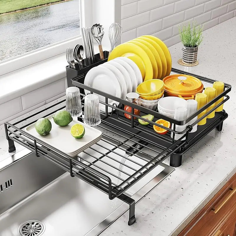 Extendable Dish Rack, Large Sink Drying Dish Drainer for Kitchen Counter, Stainless Steel Dish Strainer with Utensil Holder