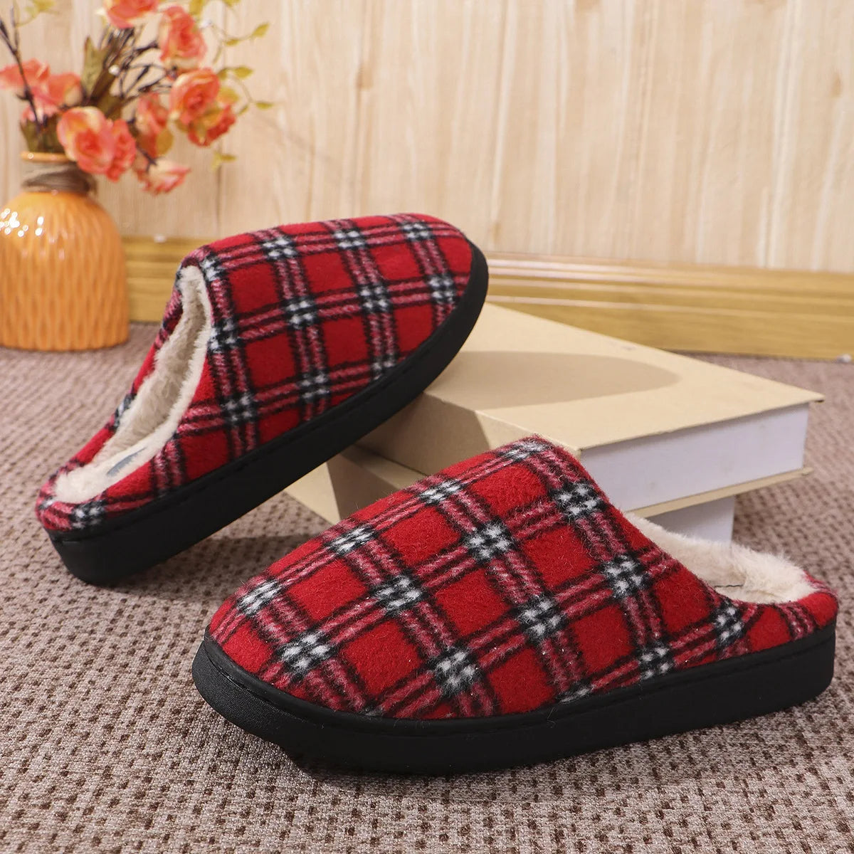 Men's Striped Plaid Fleece Slippers | Warm Cozy House Shoes