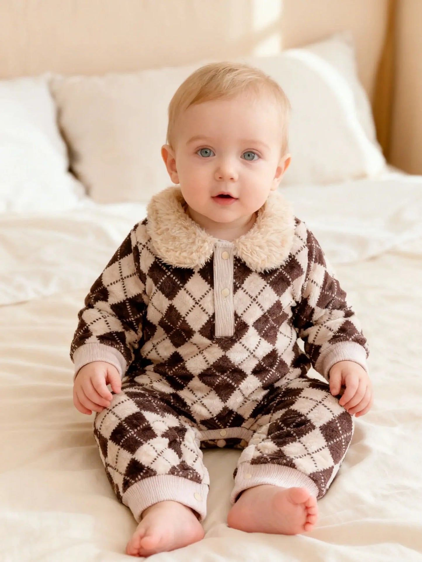 Retro Diamond Pattern Baby Top with Furry Collar Design Autumn Winter Warm British Style Cute Kid's Outfit Attention-Grabbing To