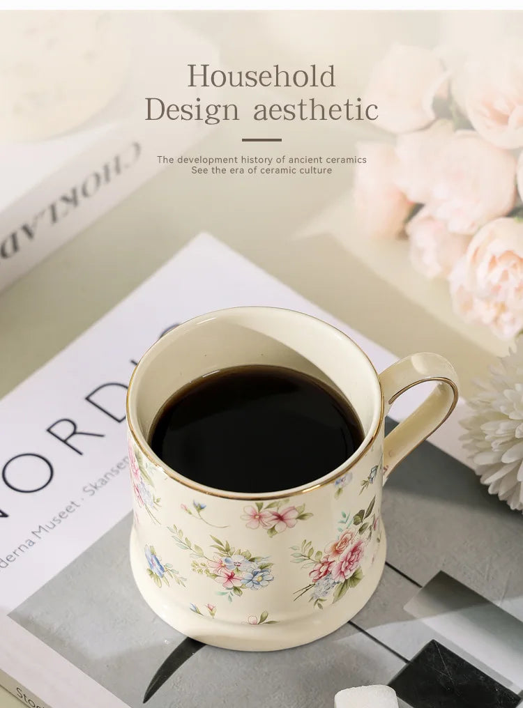 European Light Luxury Floral Mug High Value Retro Home Coffee Cup Ins Style Gold Afternoon Tea Ceramic Cups