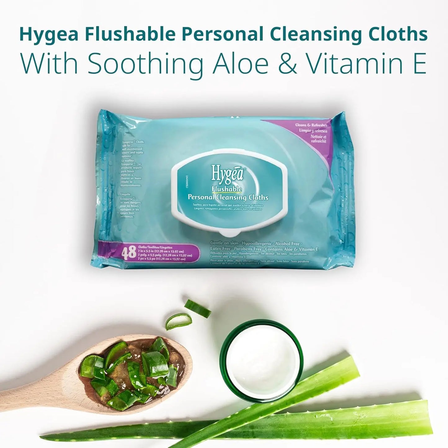 Plant-Based Flushable Wipes, 48 Count - Gentle, Hypoallergenic with Aloe & Vitamin E, Septic Safe