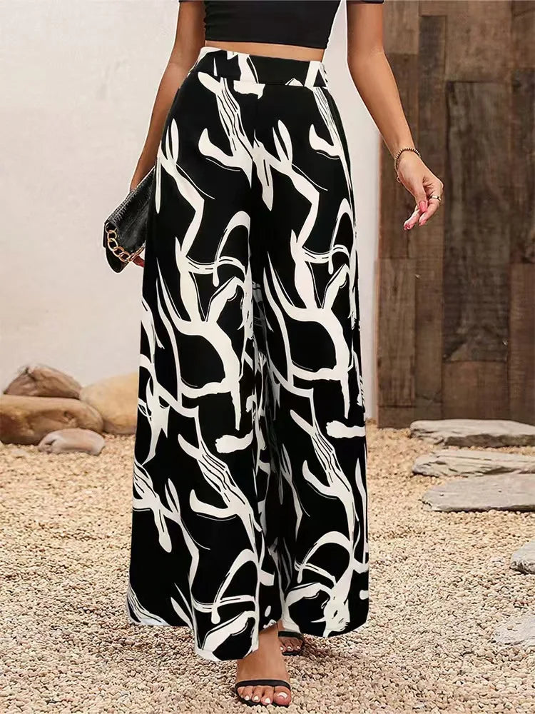 Women's Leaf Print Wide-Legged Casual Pants | Stylish Loose Fit Trousers