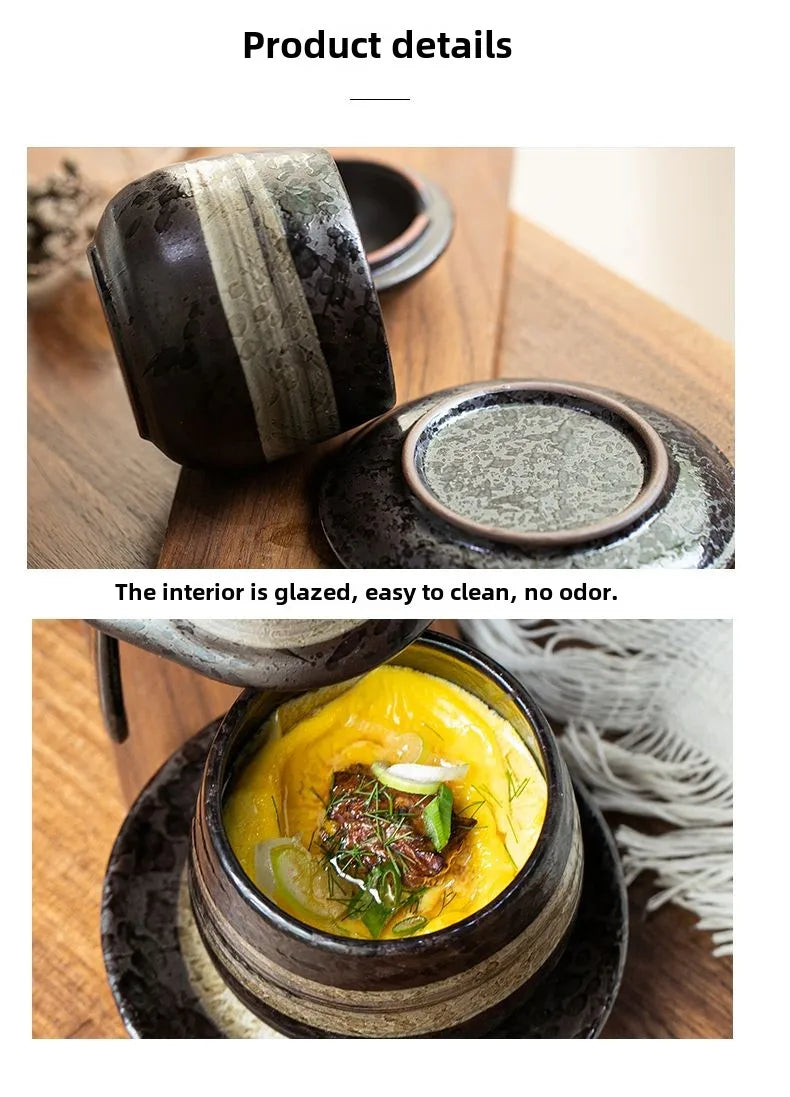 Japanese Retro Ceramic Stew Pot with Lid & Spoon Set | Multifunctional Soup Cup