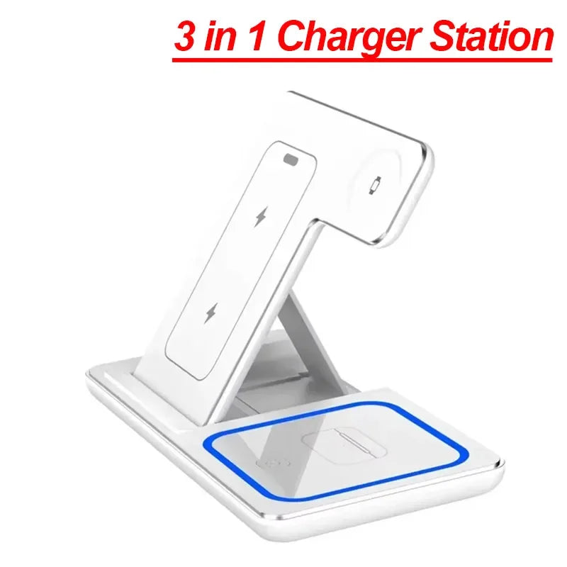Foldable 3-in-1 Wireless Charging Station — 30W Fast Charging, Dual Coil Design, Portable Travel Stand with LED Light for iPhone 17 / 16 / 15 / 14 / 13 / 12, Apple Watch & AirPods