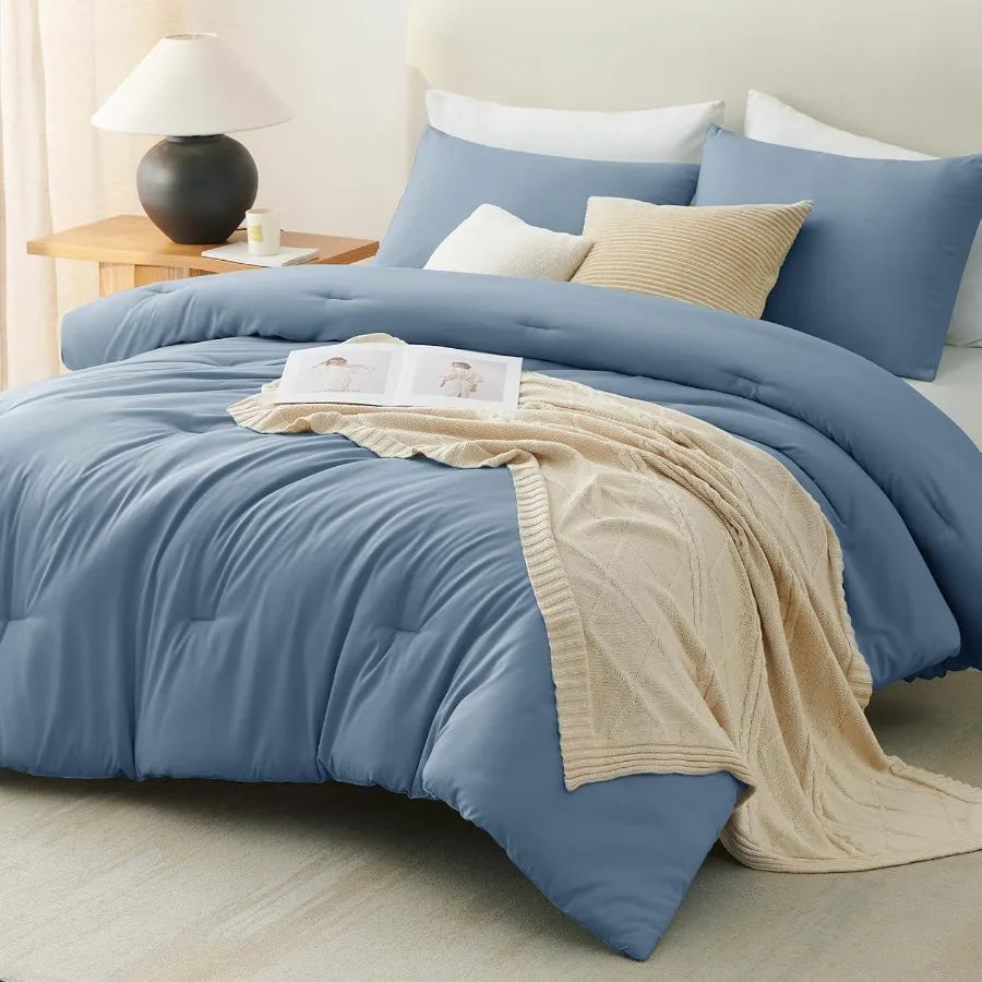 Oversized Queen Comforter Set — Grayish Blue 3-Piece 98"x98" Quilted All-Season Luxury Soft Bedding with Matching Pillow Shams