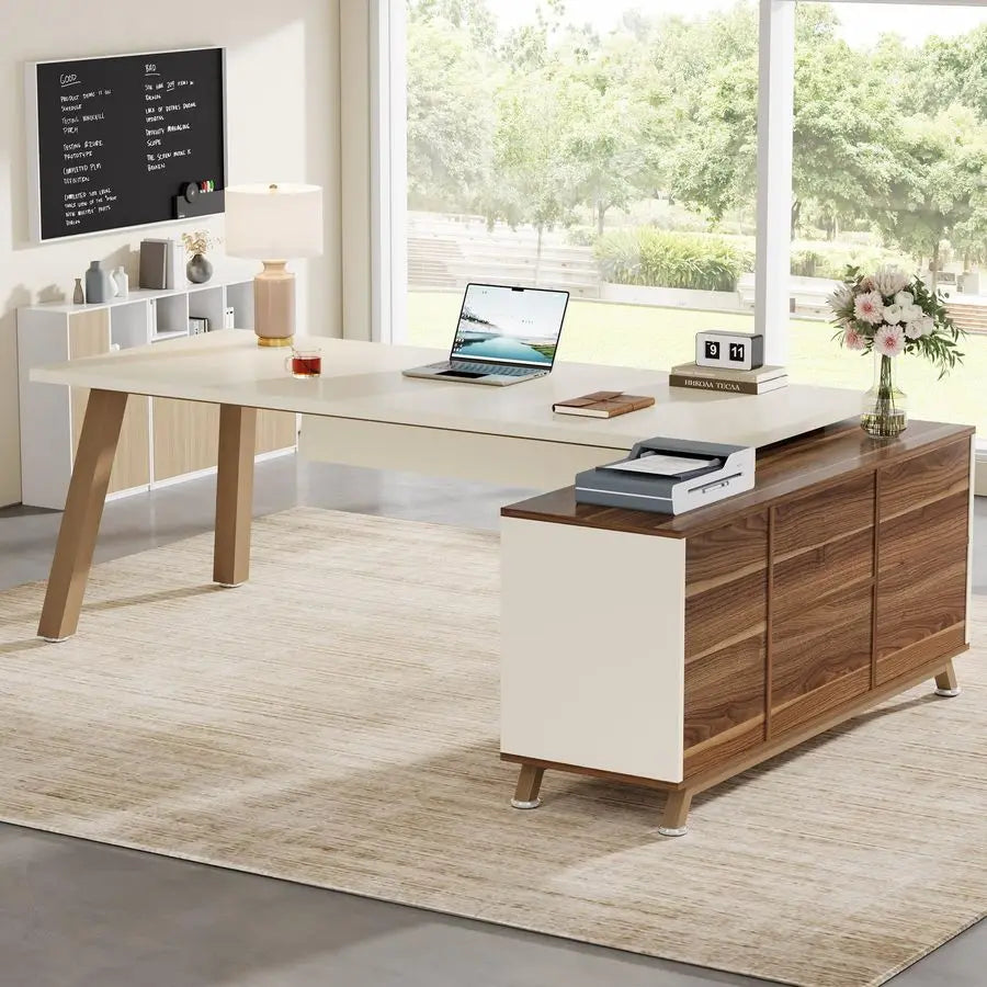 Spacious L-Shaped Executive Desk with Cabinet & Storage Shelves